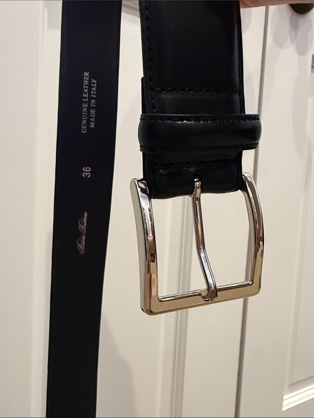 Brooks Brothers black genuine leather Belt Silver polished Buckle 36 Made Italy